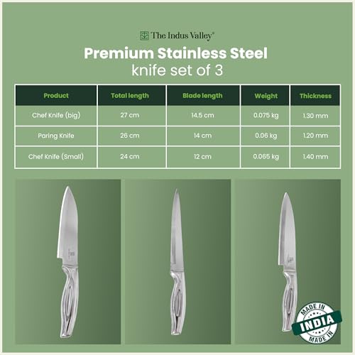 Image of The Indus Valley Stainless Steel Knife Set of 3 with Chef Knife, Paring Knife (Big & Small Combo Set) | Secure Grip Handle | Ideal for Chopping, Cutting & Slicing