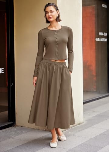 Image of Panadila Womens 2 Piece Lounge Sets Matching Vacation Outfits Ribbed Button Down Cardigan and Elastic Waist Skirt Sets