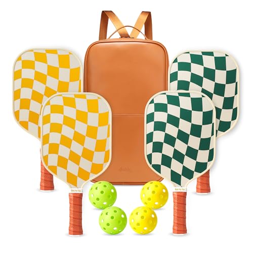 Image of Pickleball Rackets Set of 4, USAPA Approved Graphite & Fiberglass Racket, 4 Paddles, 4 Balls and 1 Portable PU Carry Bag, Pickle Ball Paddle Gift for Women, Men(Green Check)