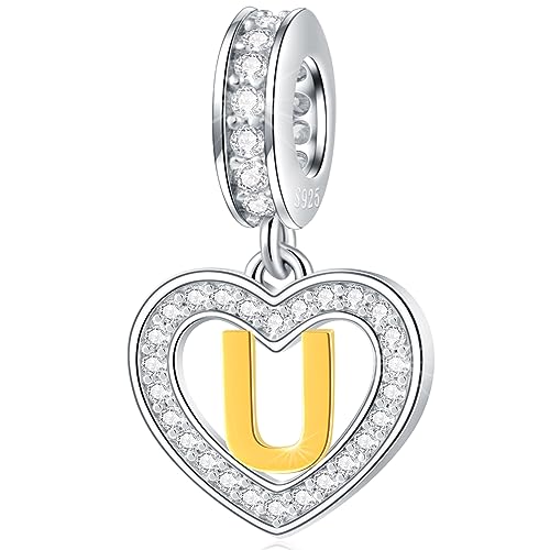 Image of GLOWDAS 18K Gold Plated Letter Charms Initial A to Z Necklace Pendant, 925 Sterling Silver CZ Heart Dangle Alphabet Beads fit European DIY Bracelet, Gifts for Valentiens /Christmas /Family