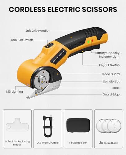 Cordless Electric Scissors, Cardboard Cutter with Box, 3 Blades, Yellow - image 8