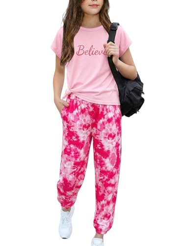 Image of Arshiner Girls Clothes 2 Piece Summer Outfits Drop Shoulder Top Pullover Sweatpants Jogger Set Sweatsuits Tracksuits 6-14Y