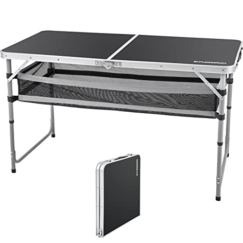 FUNDANGO Mesa de camping plegable de altura ajustable y ligera con almacenamiento de malla plegable, plegable con asa para exteriores, interiores, playa, barbacoa, picnic, viajes Cover