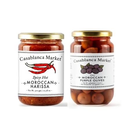 Casablanca Market Harissa Hot Sauce (10.5oz) + Purple Olives (11.9oz) Cover
