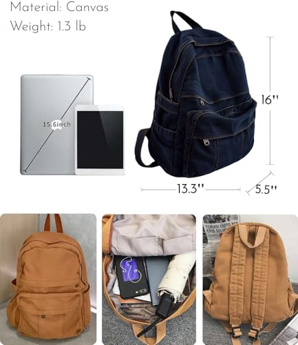 Image of Dark Wash Denim Jean Backpack for Women & Men Retro Aesthetic Rucksack Basic Backpack for High School /College Students Travel Laptop Bag