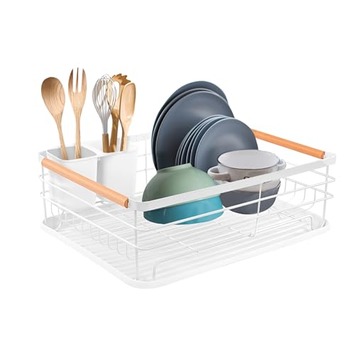 M.J COMFY-LIFE Dish Drainer Rack with Removable Drip Tray - Large Space Saving Kitchen Drying Rack for Plates Bowls & Cutlery - Rust-Proof Metal Frame with Wooden Handles (WHITE)