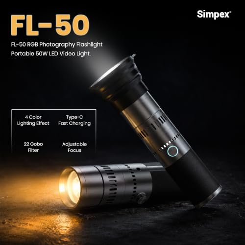 Image of Simpex FL-50 RGB Photography Flashlight Portable 50W LED Video Light with Professional Optical Lens, Adjustable Focus Beam, 22 Projection GOBOs, 4 Color Modes, CRI95+, 4500mAh Battery, Type-C Charging