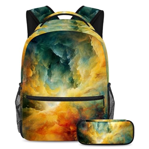 Sac à dos enfant grande capacité galaxie jaune et trousse scolaire ergonomique