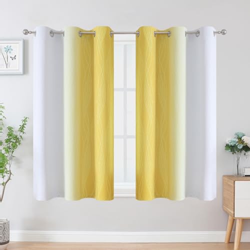 Estelar Textiler Yellow and Greyish White Ombre Blackout Curtains 45 Inch Length 2 Panels, Full Room Darkening Gradient Drapes for Kitchen,Thermal Insulated Grommet Short Curtains for Bathroom,42Wx45L
