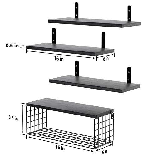 Floating Shelves With Storage Basket, Bathroom Shelves Over Toilet Paper Holder Storage Shelves, Wall Mounted Rustic Wood Shelves For Bathroom, Bedroom, Living Room, Kitchen(Black, Set Of 4) #TOP2