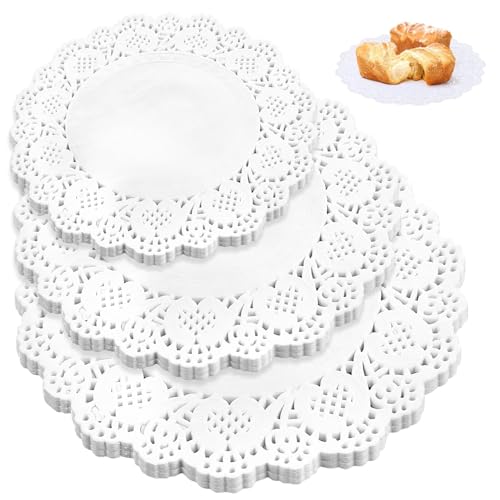 Lumivra 150-Piece Decorative Lace Doilies Set in 3 Sizes (6.5 7.5 8.5) - White Round Placemats for Wedding Party and Dessert Displays
