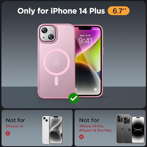 Image of Miracase Magnetic for iPhone 14 Plus Case 6.7 inch (Compatible with MagSafe)(with 2X Screen Protectors) Military-Grade Protection, Anti-Fingerprint Translucent Matte Phone Case Cover, Mes Pink