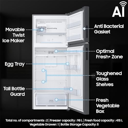 Image of Samsung 415 L, Optimal Fresh+, Digital Inverter, Frost Free Double Door WiFi Embedded Refrigerator (RT45CG662BB1TL, Black Matt)