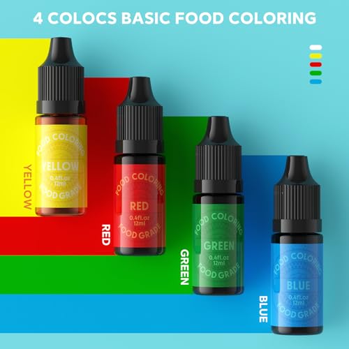 Image of Food Coloring for Cake Decorating, Cherrysea Red Yellow Green Blue Basic Edible Dye 4x12ml Food Grade Liquid Food Color for Baking Easter Egg, Icing, Fondant, Cooking, Slime Making DIY Supplies Kit - 0.4 Fl. Oz /Bottles