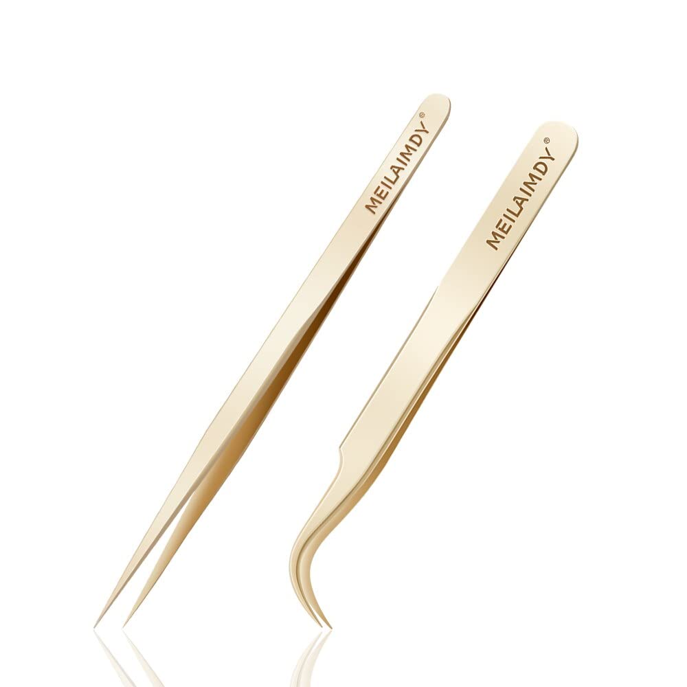 MEILAIMDY Pinzas para Extensión de Pestañas - Pinzas de Punta Puntiaguda Recta y Curva Juego de Pinzas de Pestañas Postizas de Precisión de Acero Inoxidable Profesional 2 Piezas (Oro)