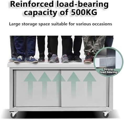 Heavy Duty Stainless Steel Work Table Cabinet with 2 Sliding Doors, Commercial Kitchen Prep Table for Restaurant & Home, Large Storage & Chopping Surface, Durable Metal Design