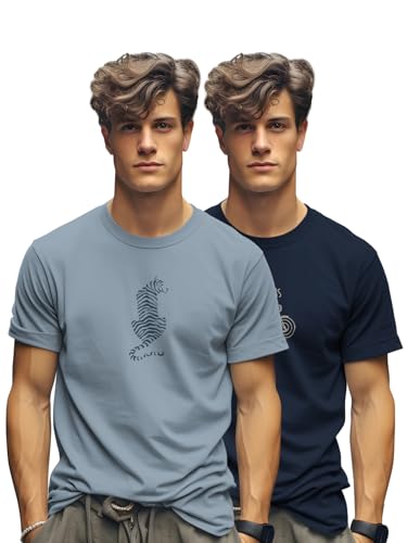 Image of BULLMER Trendy Printed Cotton Blend Crew Neck /Round Neck Half Sleeve Tshirt for Men- Pack of 2