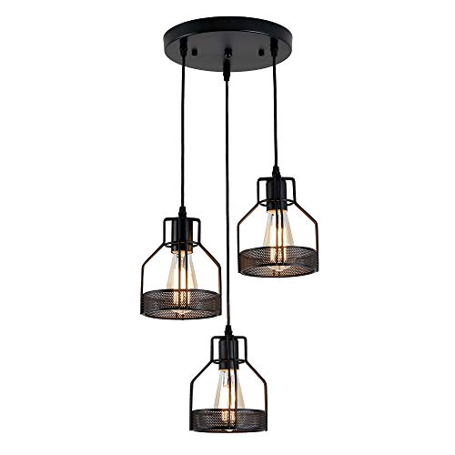 Suspension Luminaire Industrielle, Konisk® Lustre Plafonnier Vintage Lampe de Culot E27 en Métal pour Cuisine Salon Salle à Manger Chambre Restaurant Couloir Café, 3-Lumière, Noir.