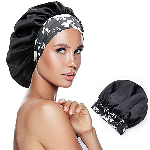QMSILR Satin Bonnet Adjustable Silk Bonnet for Women Sleep Cap Hair Care Elastic Wide Band Night Hat Head Cover for Natural Long Hair Curly Hair Black