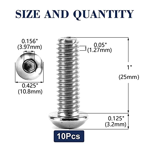 Image of 1 /4-20 x 1 inch Button Head Socket Cap Bolts Screws, 10Pcs 304 Stainless Steel 18-8, Allen Hex Drive, Bright Finish by SG TZH(with Hex Spanner)