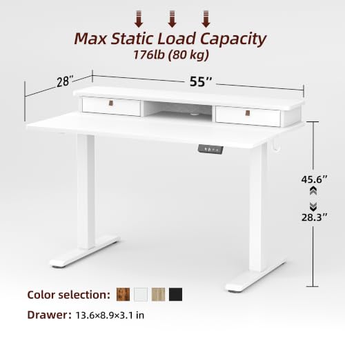Image of TIQLAB 55 * 28 inch Standing Desk with Two Drawers&Top Shelf, White | Smooth Height Adjustment, 2 Memory Presets, One-Touch Control, Stable Steel Frame, 176 lbs Capacity, Easy Assembly