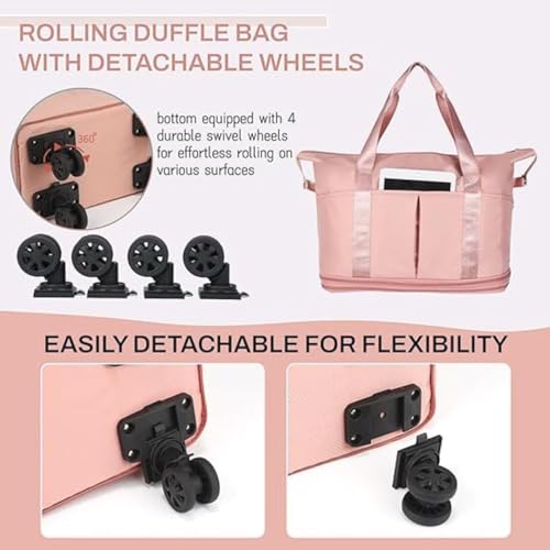 Image of Rolling Duffle Bag with Wheels, Expandable Foldable Travel Duffle Bag with Telescopic Handle, Portable Wheeled Luggage Bag for Travel, Lightweight Foldable Suitcase Bag for Men & Women (Pink)