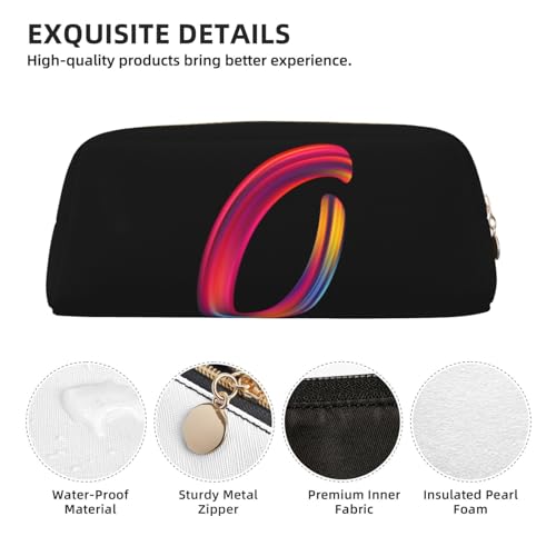 Image of Cute Initial Pencil Case for Kids Simple Leather Pencil Pouch for Boys Girls Letter Design Pencil Box Pen Bag Pencil Pouch Office Stationery Organizer, Rainbow Letter O