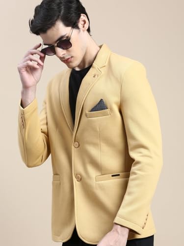 Image of SHOWOFFFF Men Solid Single Breasted Casual Blazer | Notched Lapel Full Sleeves Cotton Blazer for Mens | Slim Fit Regular Length Blazer for Men's