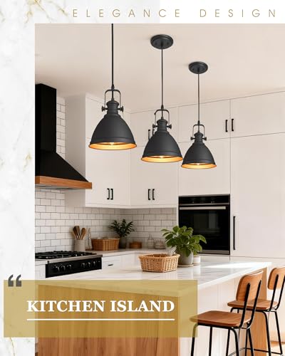 Image of 2-Pack Black Pendant Lights Kitchen Island, 8 inch Metal Shade | Industrial Hanging Light Fixture for Entryway Bar, Black and Gold Metal Shade, Adjustable Height, E26 Base, AD-2151-2PM-BK