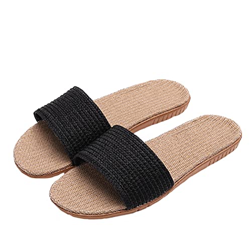 HANDKEI Pantoufles en lin Chaussures de plage d'été en lin unisexes Pantoufles d'intérieur antidérapantes à bout ouvert (40/41 EU, noir, numeric_40) Cover