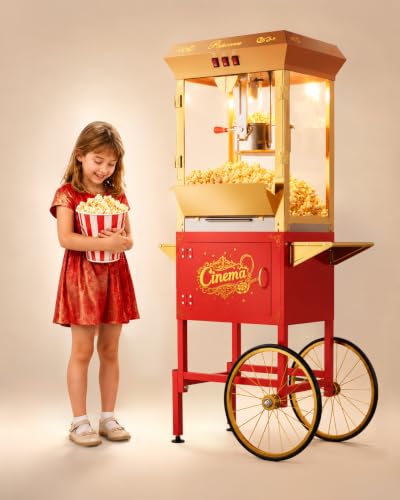 Image of 16oz Commercial Popcorn Machine with Cart, Large Popcorn Maker Machine with Wheels, Movie Theater Pop Corn Machine Stainless-Steel Kettle Makes Up to 80 Cups, Red&Gold