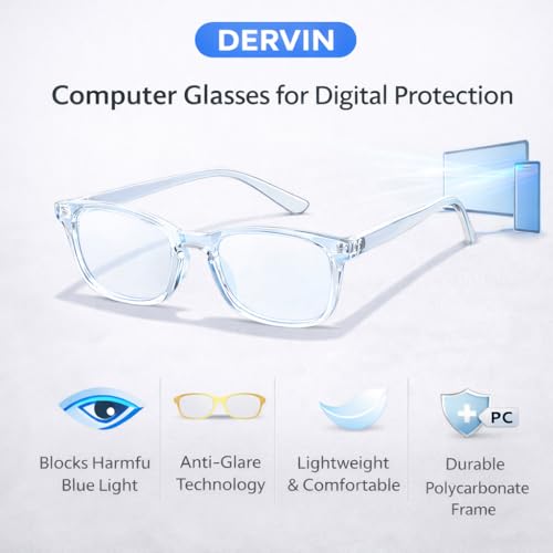 Image of Dervin Blue Light Blocking Glasses Gaming Filter Transparent Square Eyeglasses for Eye Protection Men Women, Computer /Tablet /Laptop /Mobile /TV, Anti-blue & Anti eyestrain