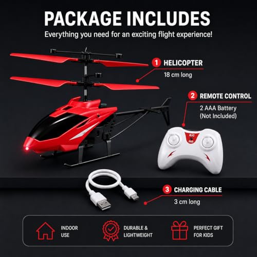 Image of KIDZYMON RC Helicopter with Hand Gravity Sensor, Flying Remote Control Helicopter Toy, Chargeble, 3D Light & Safety Sensor for Kids Age 4+ Years I Pack of 1 (Red Colour)