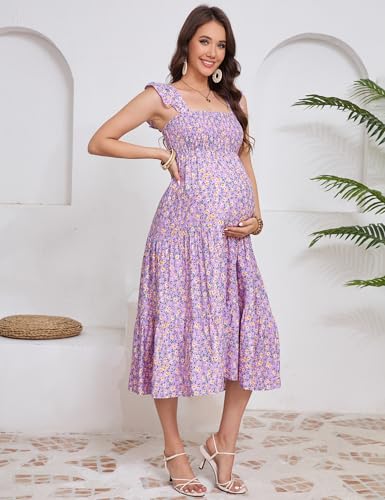 Image of KOJOOIN Womens Maternity Dress Summer Sleeveless Smocked Square Neck Ruffle Casual Boho Midi Dress Baby Shower Photoshoot