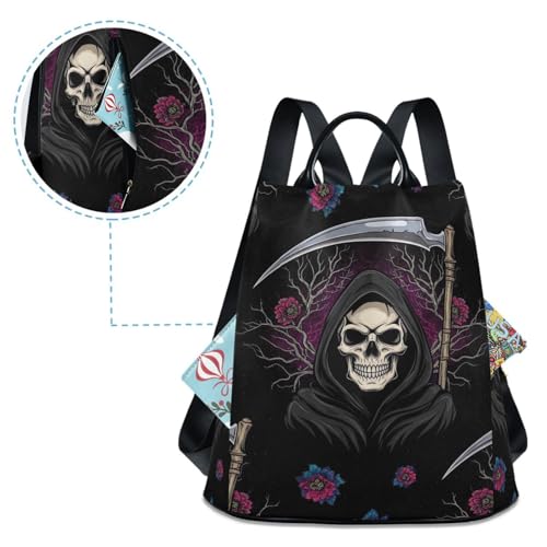 Mochila negra con diseño de calaveras góticas y flores para mujer 4