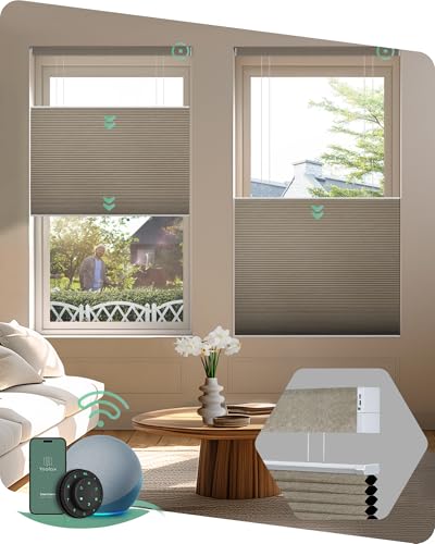 Yoolax Smart Top Down Bottom Up Cellular Shades Compatible with Alexa Google Motorized Cordless Honeycomb Blinds for Indoor Windows Custom Size TDBU Shades (Blackout Light Coffee)