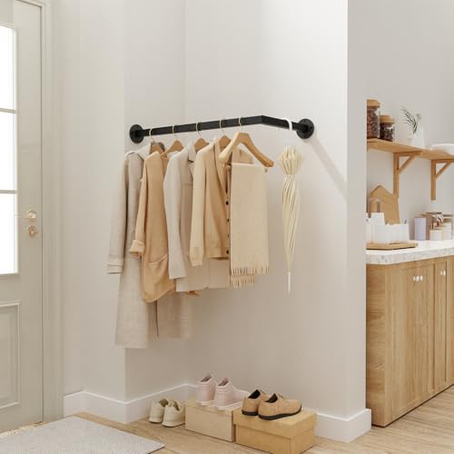 Yawinhe Industrierohr Kleiderstangen für die Wand, Garderobenstange L-Form, Abnehmbare Kleiderständer, Industrial Design mit 90 Grad Rechter Winkel, für Schlafzimmer, Schwarz, 1-Pack, SYJ002B-1