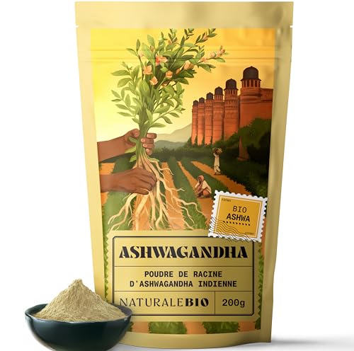 NaturaleBio Poudre d’Ashwagandha biologique 200 g. Naturelle et pure, produit en Inde à partir de la racine de Withania somnifera biologique.