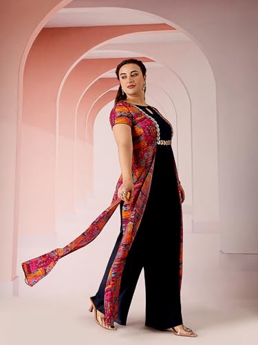 Image of Miss Chase A+ Women's Keyhole-Neck Regular Sleeve Bohemian Panelled Viscose-Rayon Regular-Length Jumpsuit