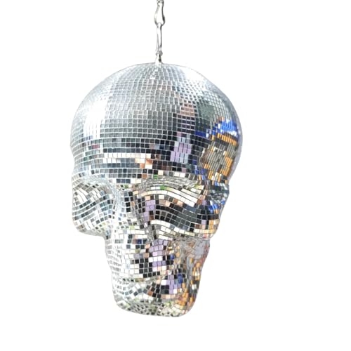 Hanging Disco Halloween Skull Head, 6x6x8inch Handmade Sculpture Shiny, Disco Skeleton Head, Skull Model, Unique Reflective, Party, Home, Holiday Ornament Decoration, Silver