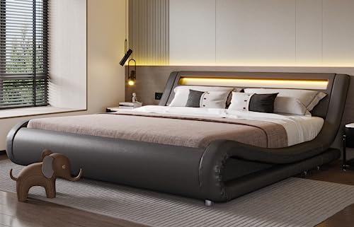 Image of SHA CERLIN King Size Bed Frame with Modern Upholstered LED Headboard, Grey