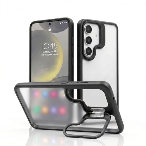 Image of amazon basics Frosted Matte Case for Samsung Galaxy S24 5G | Built-in Flip-Out Camera Lens Stand | Translucent Back with Contrast Black Bumper | Shockproof Protective Cover with Foldable Kickstand