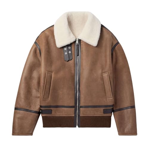 Blouson aviateur en cuir pour homme avec col fourrure veste d'hiver vintage