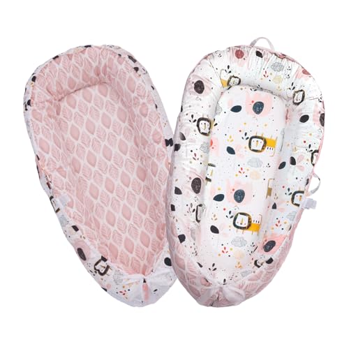 Image of Fasando Baby Lounger, 100% Cotton 0-24 Months Breathable Soft Baby Nest Co Sleeper, Reversible Adjustable Portable Baby Lounger Nest for Newborn, Infant Lounger for Home & Travel (Pink Lion)