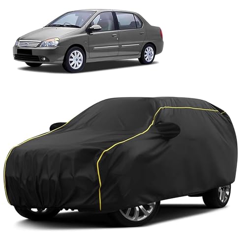 Image of Sulfar 100% Water Resistant Car Body Cover Compatible with Mirror for Tata Indigo XL (Triple Stitched, Full Bottom Elastic, Black Taffeta with Yellow Piping)