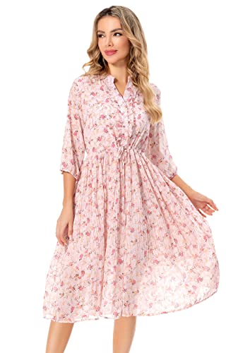 Shineflow Women's Short Sleeve V-Neck 3/4 Sleeve Button Up Chiffon Floral Pleated Midi Swing Dress with Belt2