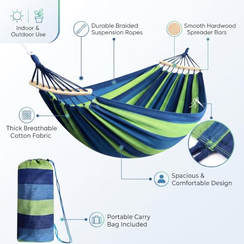 Image of Baskety Double Person Cotton Canvas Hammock with Spreader Bars Ultralight Travel Camping Hammock Swing Bed for Outdoor, Balcony, Garden, Beach - Max Load 200 KG (Blue, 280 x 100 cm)