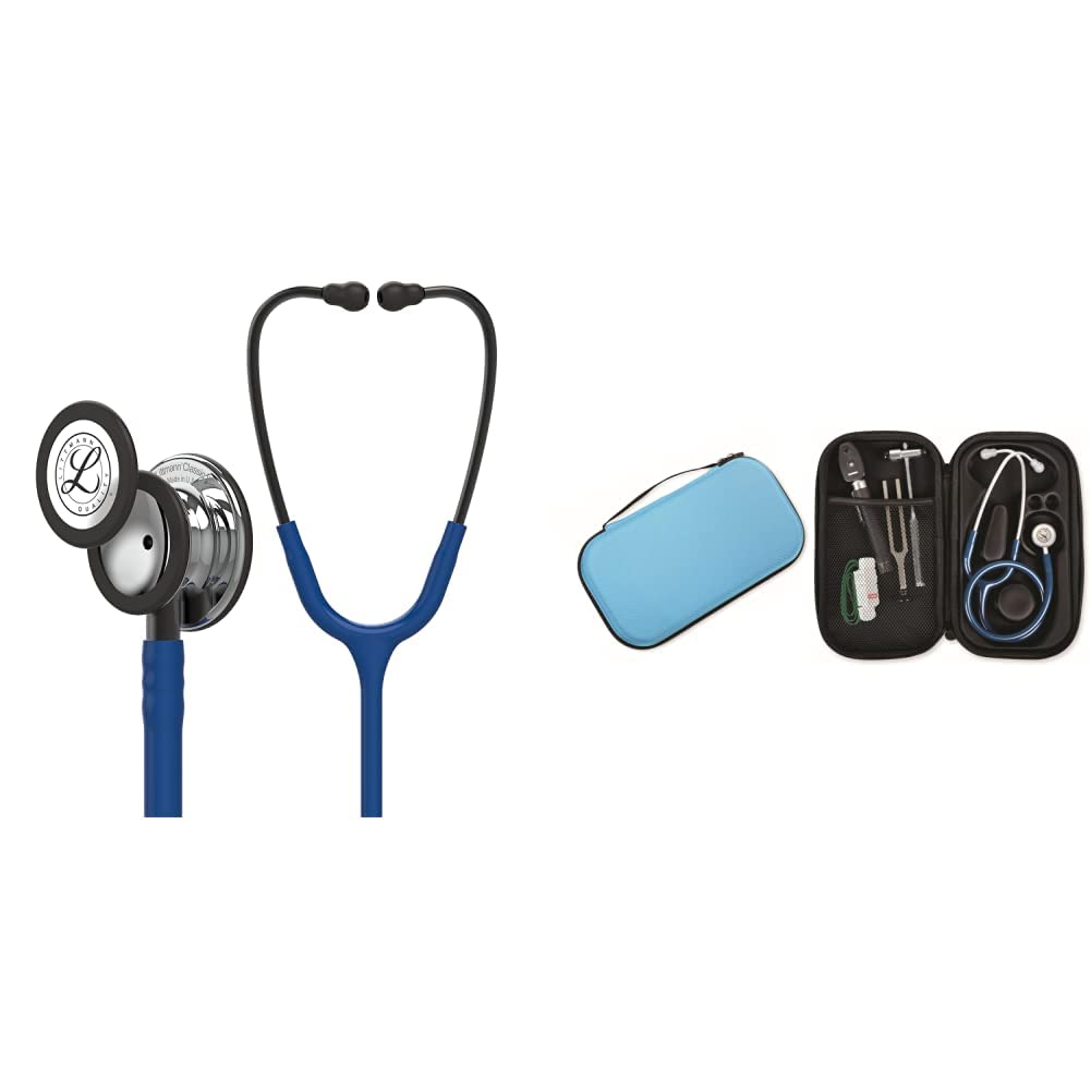 3M Littmann Classic III, Stetoscopio, testina con finitura specchio, tubo auricolare blu navy, connettore e archetto nerofumo, 5863 + GIMA ASTUCCIO PORTA FONENDO, Turchese, Uso Professionale