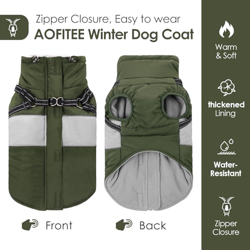 Image of AOFITEE Dog Coat Warm Dog Winter Coat, Waterproof Dogs Jacket with Harness, Dogs Snow Jacket Snowsuit with Zipper & Furry Collar, Reflective Windproof Pet Sweater for Cold Weather, French Bulldog, L