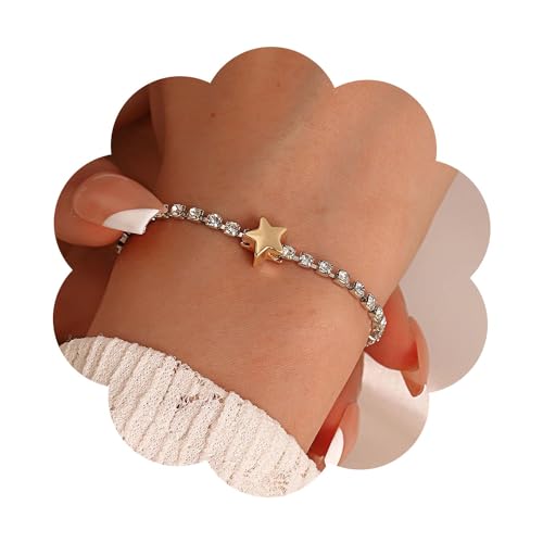 Wendalern Cubic Zirconia Tennis Bracciale D'oro Stella Fascino Tennis Catena Bracciale Lucido Cz Catena Di Cristallo Bracciale Regolabile Argento Cristallo Bracciale Da Polso Gioielli Per Le Donne